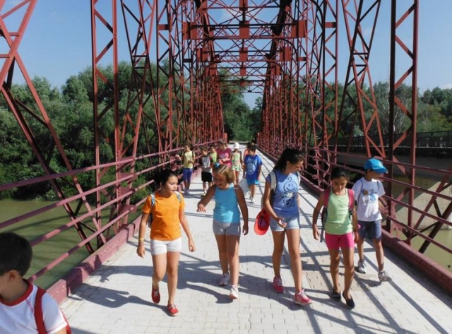  children and a monitor crossing a bridge